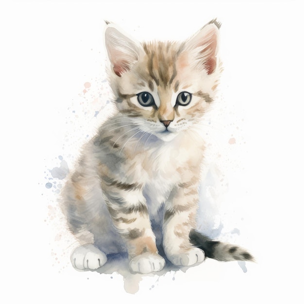 A watercolor illustration painting of a cute kitten on white background generative AI