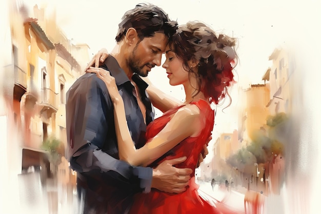 акварельная иллюстрация пара мужчина и женщина в красном платье страстно танцуют вместе на тихой улице