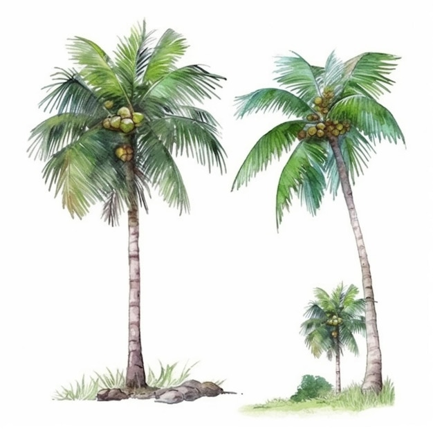 Watercolor illustration of a palm tree with coconuts on a white background.