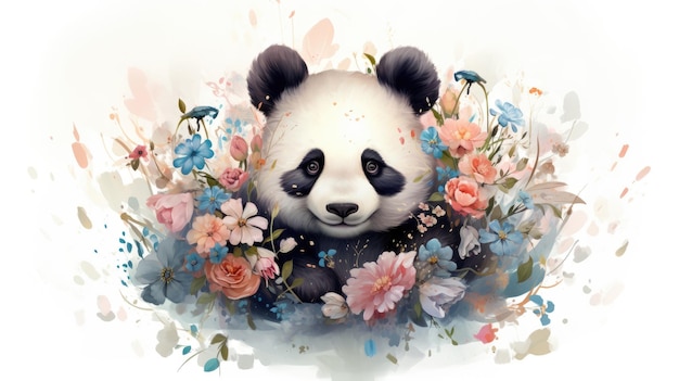 Watercolor illustration of panda in flowers