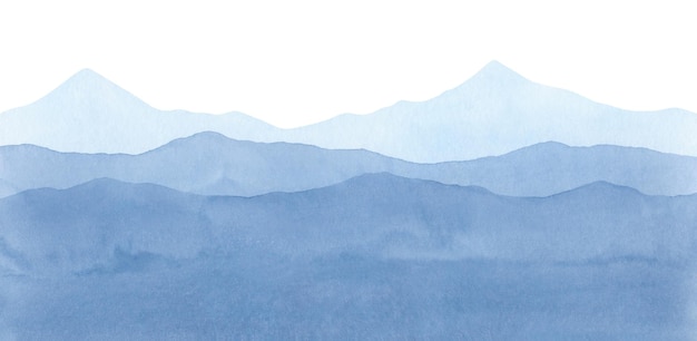 Watercolor illustration of a panoramic view of the mountains and hills in blue shades Handdrawn