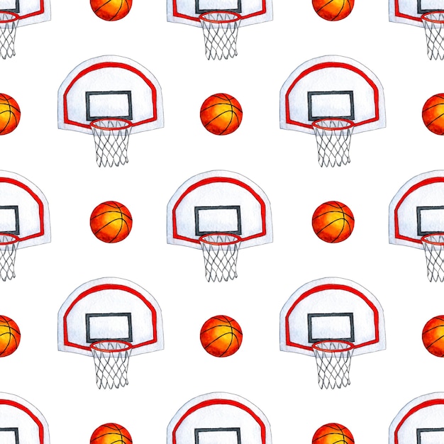 Watercolor illustration pattern basketball basket and ball Basketball World Cup seamless repeating