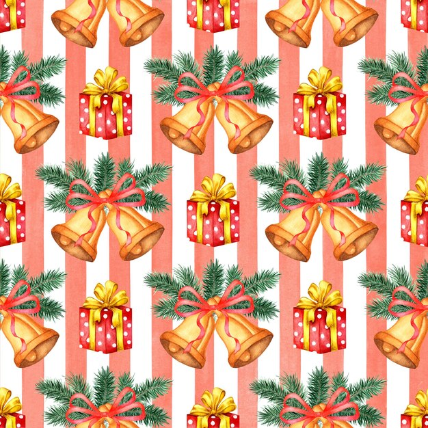 クリスマスの黄色い鐘の枝とストライプの背景の赤いギフトボックスのパターンの水彩イラスト ポスターのための孤立した構成 カード バナー フライヤー カバー プラカード