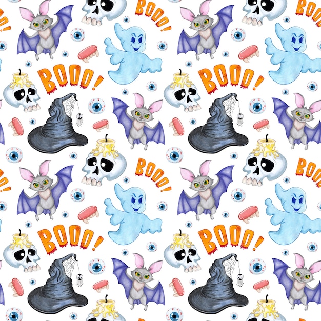 Watercolor illustration pattern for halloween Seamless repeating print bat skull with candle