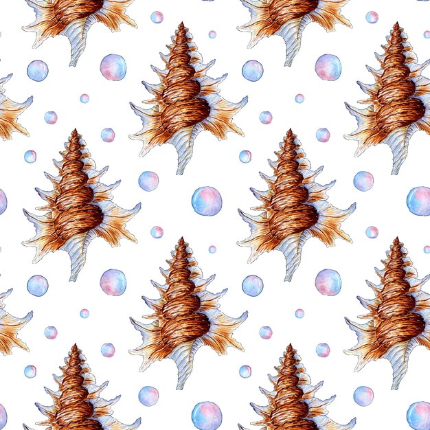 Watercolor illustration of a pattern of large beige blue seashells with beautiful teeth and bubbles