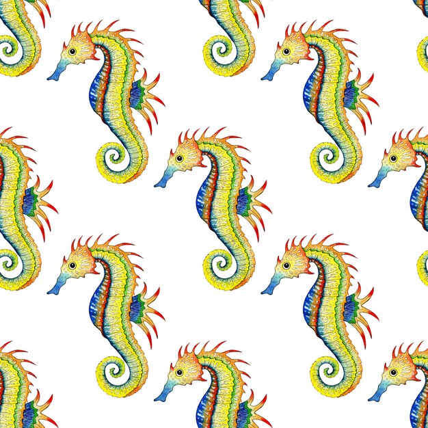 Watercolor illustration pattern of rainbow seahorse Seamless repeating print of marine life