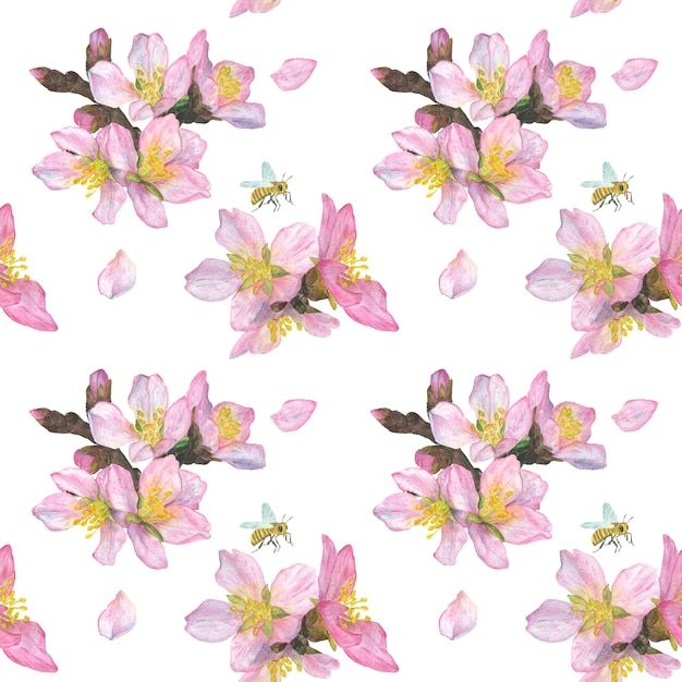 Watercolor illustration pattern with delicate cherry blossoms on a white background