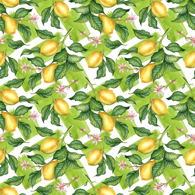 Photo watercolor illustration of a pattern of yellow lemons with green leaves flowers green paint strokes isolated composition for weddings posters cards banners flyers covers placards