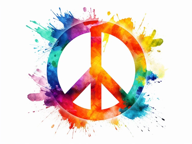 Photo watercolor illustration of peace symbol colored with splashes on white background