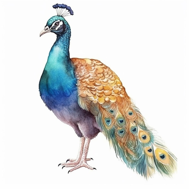 Watercolor illustration of a peacock