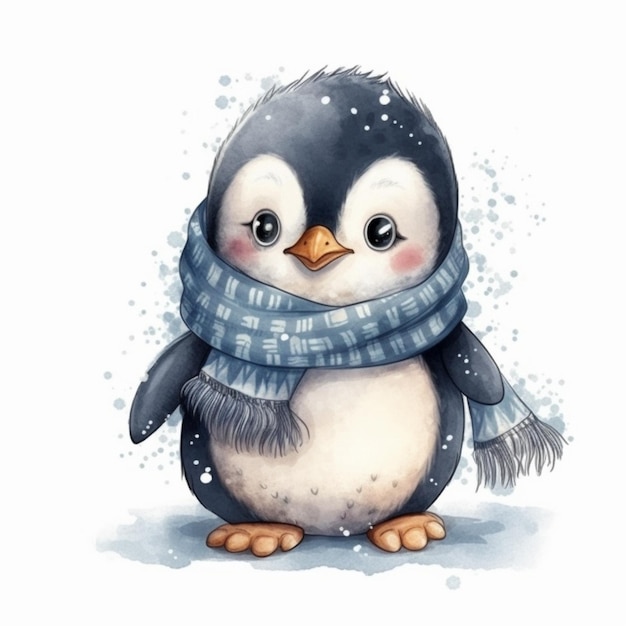 Watercolor illustration of a penguin in a scarf