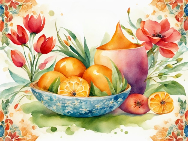 Watercolor illustration for the persian new year with text happy nowruz