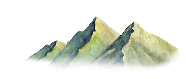 Watercolor illustration of picturesque green mountains isolated banner