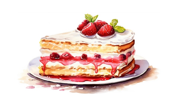 Watercolor illustration of a piece of cake with strawberries and whipped cream