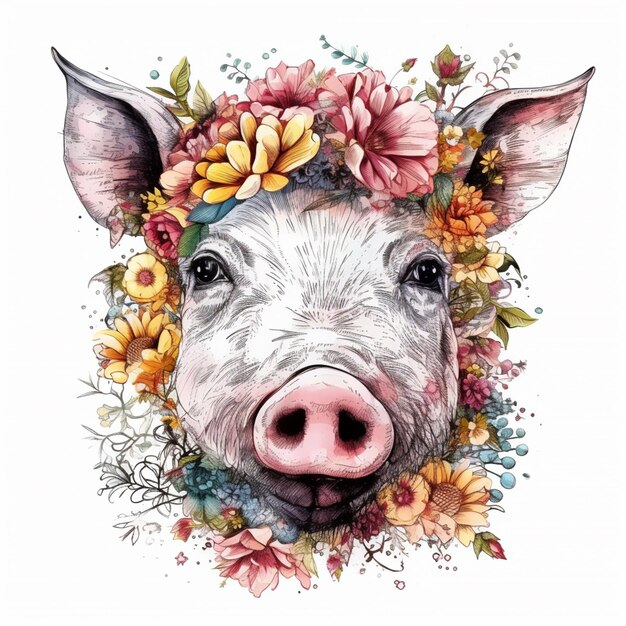 Watercolor illustration of a pig with a wreath of flowers