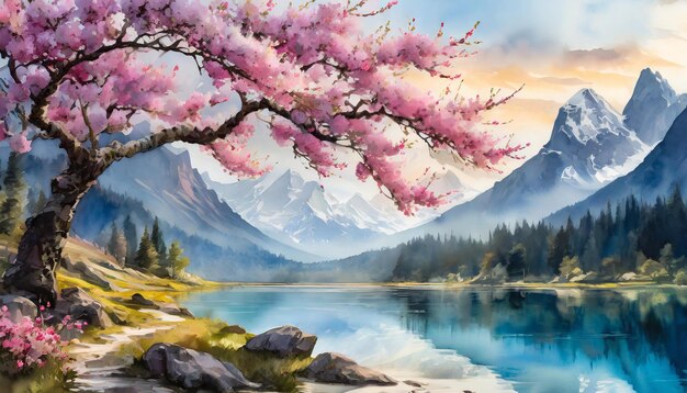 ピンクの花をかせた木の水彩画ピンクの 花をかせる枝美しい自然