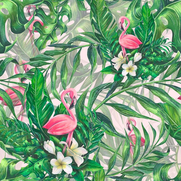 Watercolor illustration of a pink flamingo with tropical leaves Seamless pattern With leaves of palm trees and other exotic plants For prints clothing paper fabric wallpaper