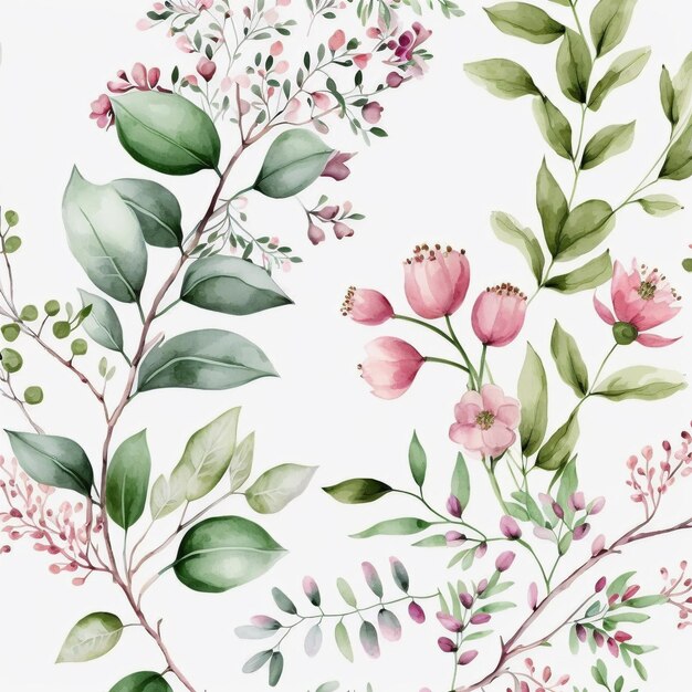 Watercolor illustration of pink flower buds and green leaves Created with Generative AI technology