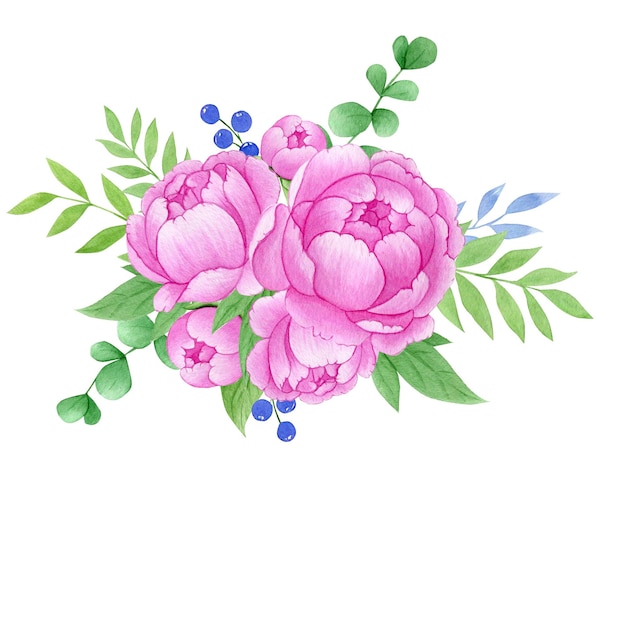 Watercolor illustration pink peony bouquet