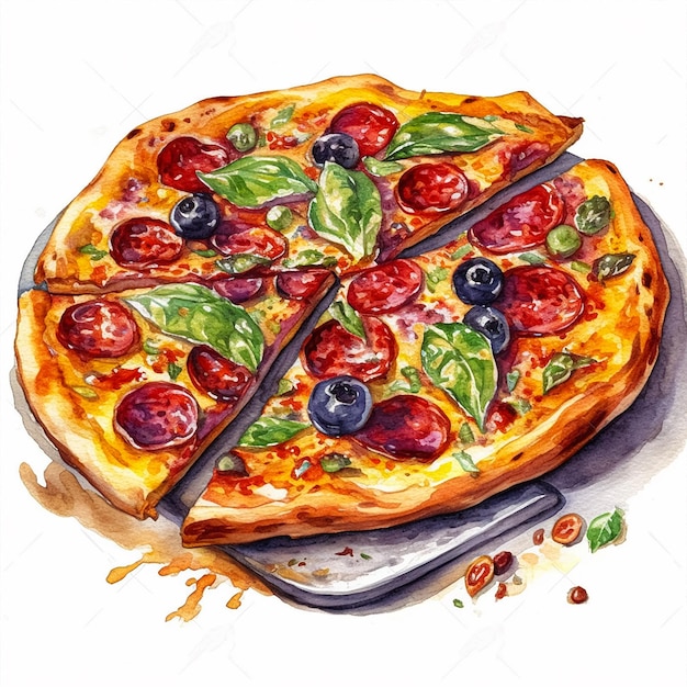 Watercolor illustration of a pizza with olives and olives