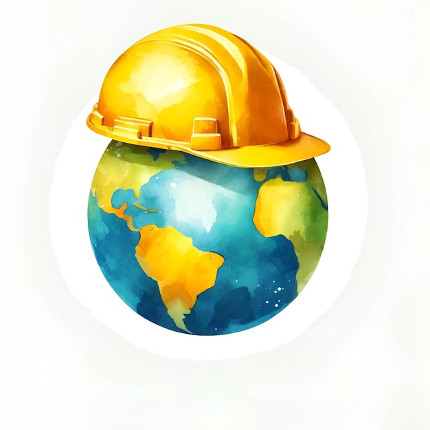 Watercolor illustration of planet earth and the helmet for happy labour day