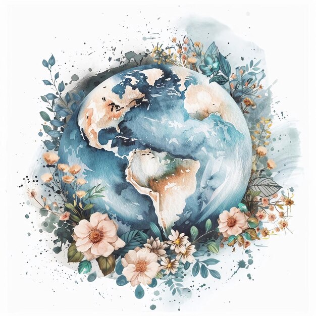 Photo watercolor illustration of planet earth with flowers decor tattoo sketch earth day