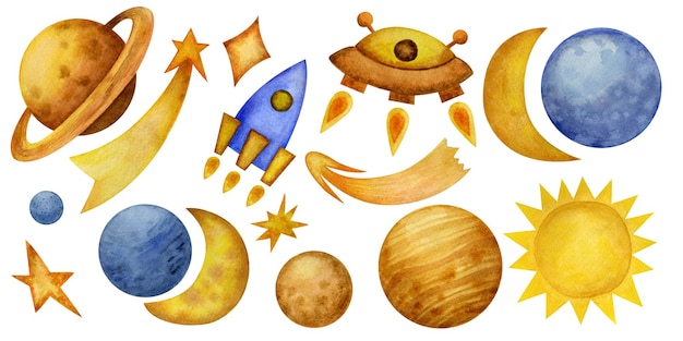 Photo a watercolor illustration of planets and planets.