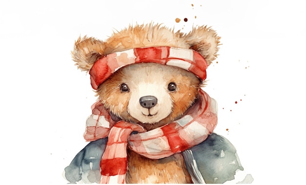 Watercolor illustration of a plush teddy bear in warm hat and scarf on a white background generative AI