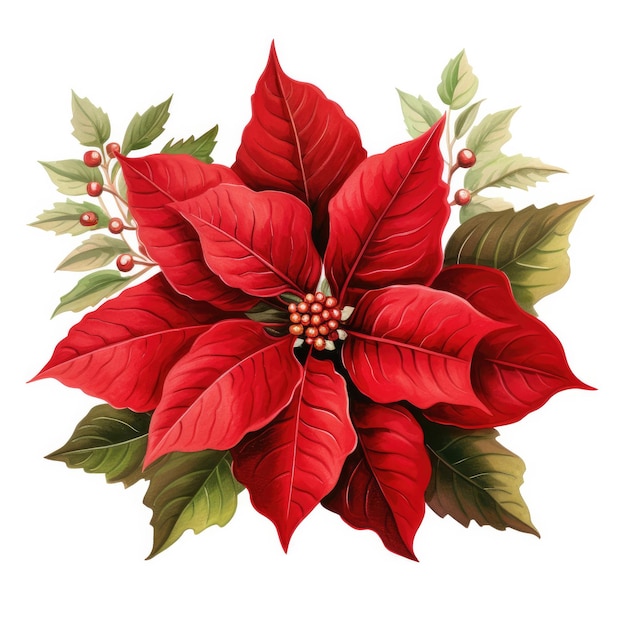 Watercolor illustration of poinsettia flower red and green leaves on a white background