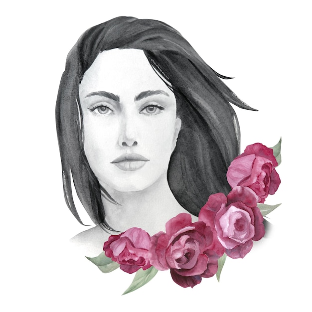 Watercolor illustration of portrait of beautiful girl in black and white with magenta peony roses isolated on a white background Gentle silhouette