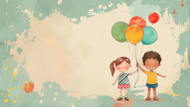 Foto cartolina illustrata ad acquerello per la giornata internazionale dell'infanzia piccola ragazza sorridente e ragazzo con un mucchio di palloncini colorati sfondo chiaro spazio di copia spazio libero per il testo