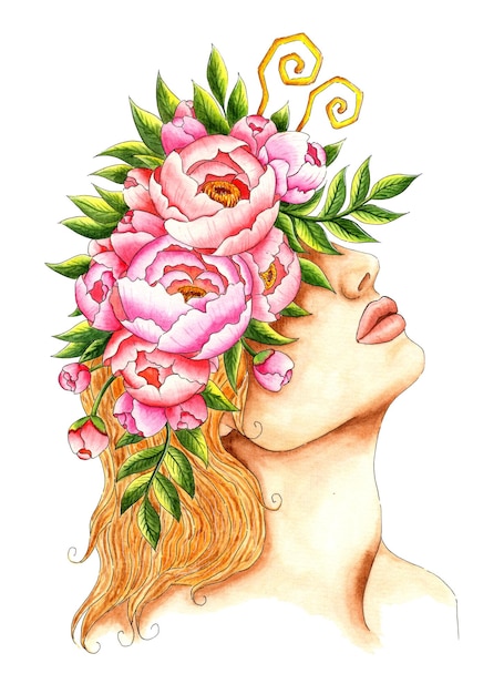 Illustrazione ad acquerello del profilo di una ragazza con una corona di peonie sul capo fata fata