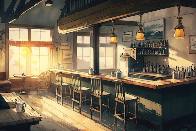 watercolor Illustration of a pub inside