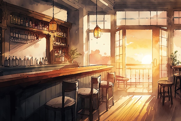 watercolor Illustration of a pub inside