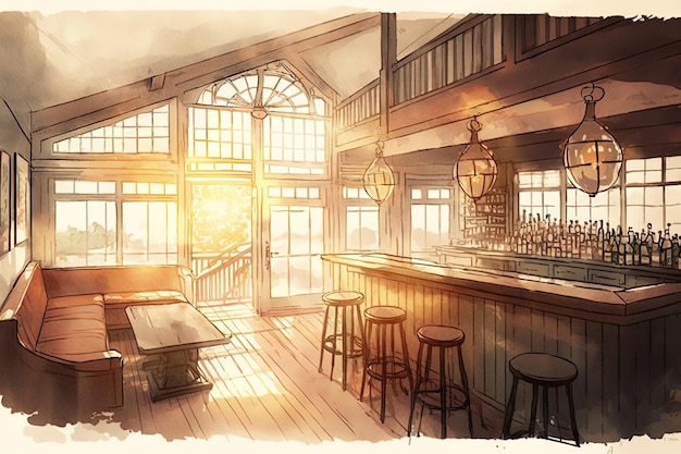 watercolor Illustration of a pub inside