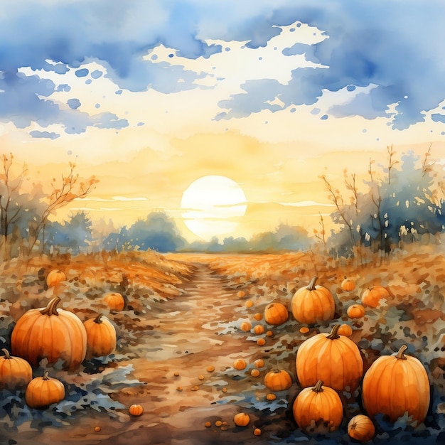 Watercolor illustration of a pumpkin view with sunset