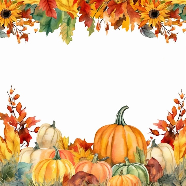 Watercolor illustration of a pumpkins and leaves