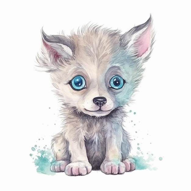 Watercolor illustration of a puppy dog with blue eyes