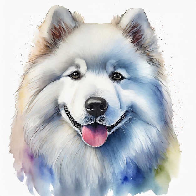 Foto illustrazione ad acquerello di cane samoiede di razza pura pittura colorata di animale domestico