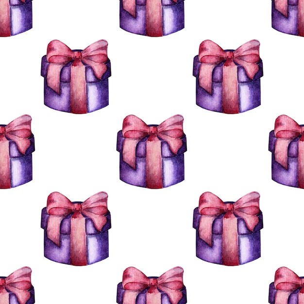 Illustrazione ad acquerello di una scatola viola con un fiocco rosa regali di festa incartati scatole regalo compleanno