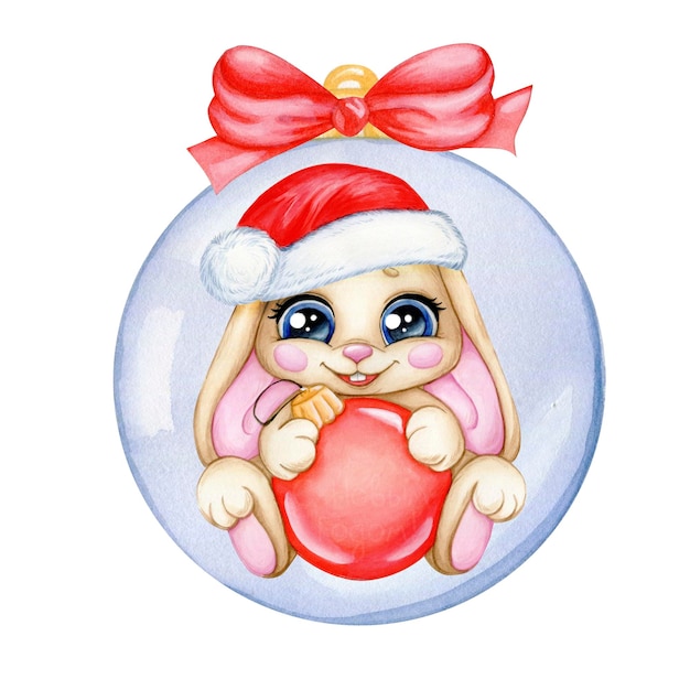 Акварельная иллюстрация кролика в рождественском шаре