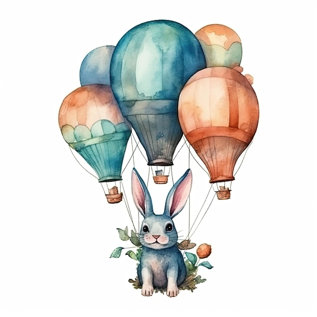 A watercolor illustration of a rabbit in a hot air balloon.