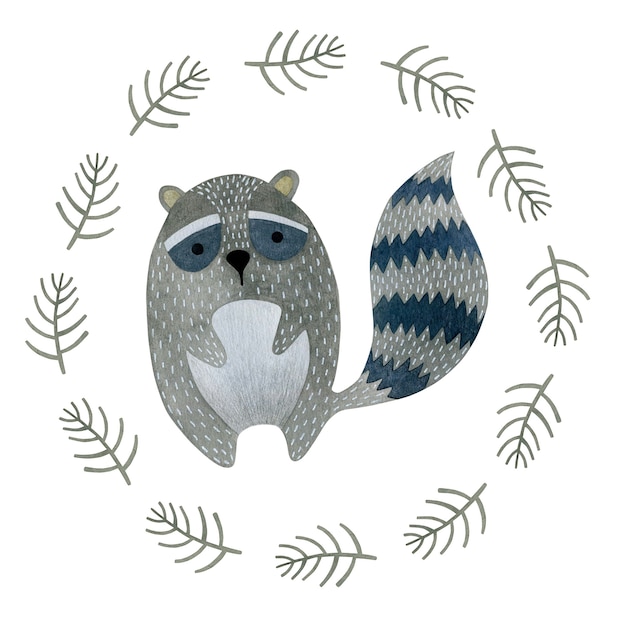 Photo watercolor illustration of a raccoon in the scandinavian style