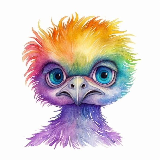 Watercolor illustration of a rainbow bird with blue eyes.