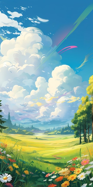 акварельная иллюстрация радуги в зеленом поле с цветом