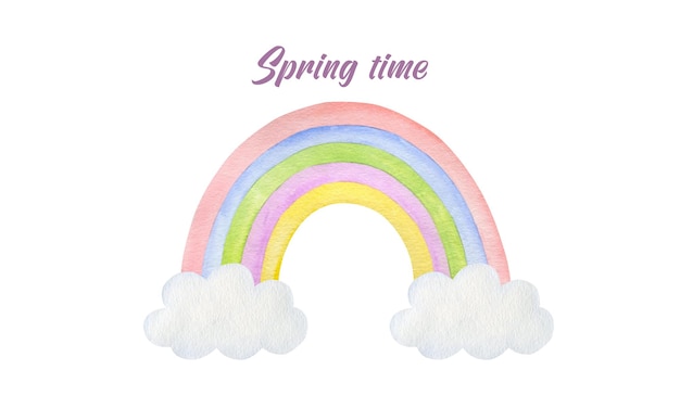 Watercolor illustration of a rainbow with the inscription spring time