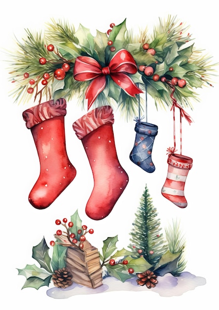 Watercolor illustration of a red christmas stocking on a white background
