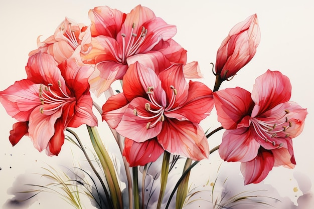 Watercolor illustration of red flower amaryllis