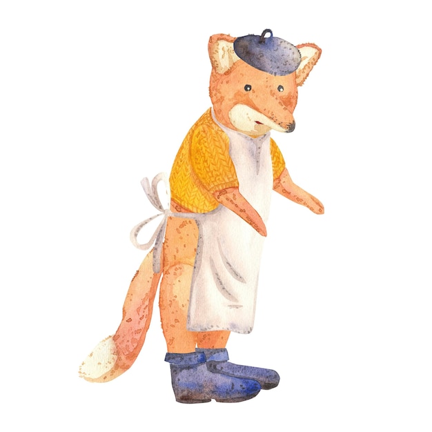 Watercolor illustration of a red fox in an apron boots and beret isolate on a white background