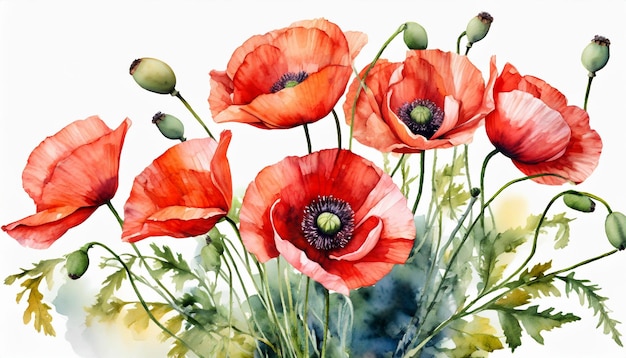 Watercolor illustration of red poppy flowers Bouquet isolated on white